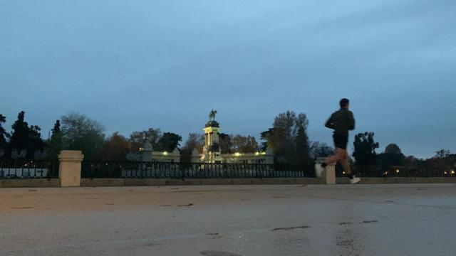Un 'runner' corriendo por El Retiro a primera hora de la mañana.
