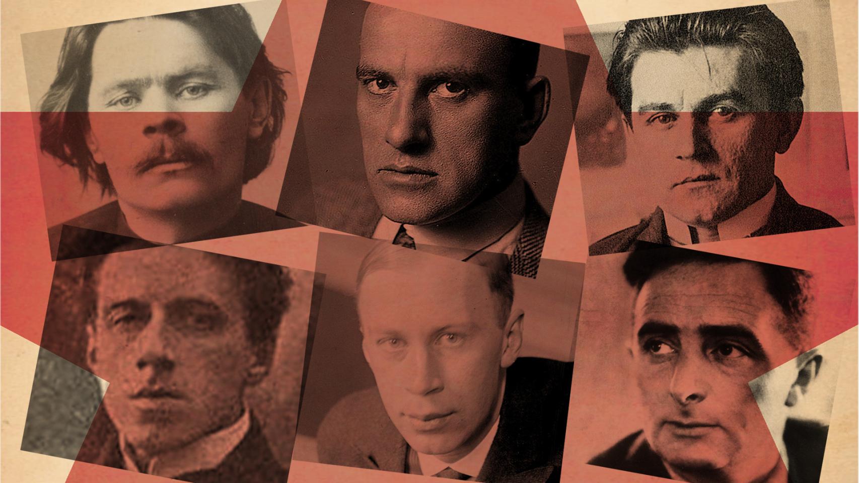 De arriba abajo y de izquierda a derecha: Gorki, Mayakovski, Malévich, Meyerhold, Prokófiev y Vértov