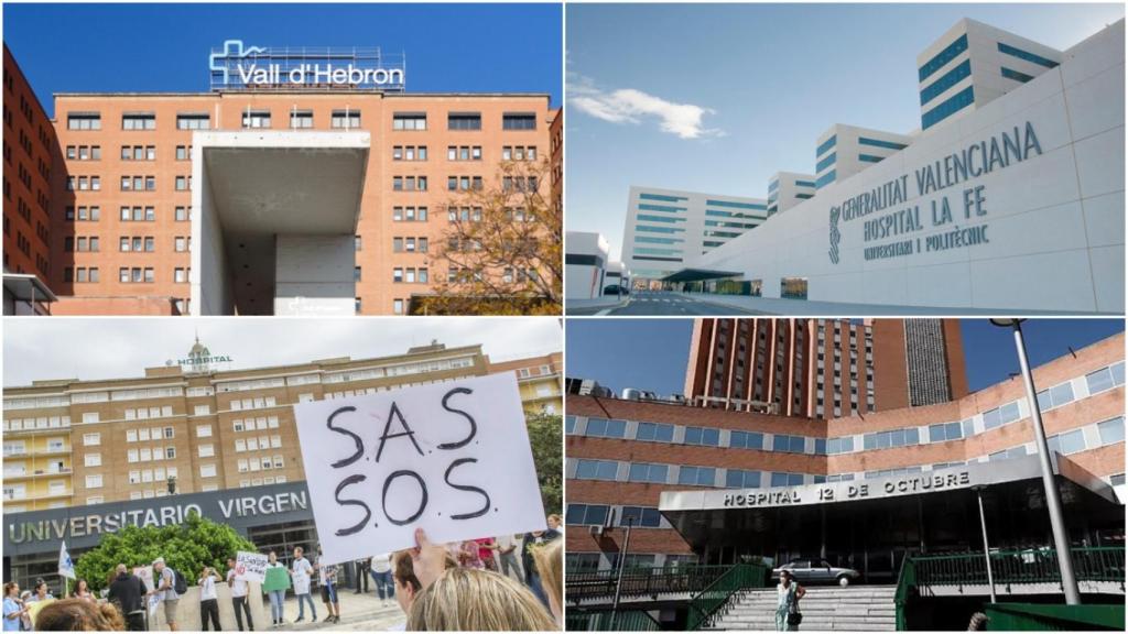 De arriba a abajo y de izquierda a derecha, los hospitales, Vall d'Hebron, La Fe, Virgen del Rocío y 12 de Octubre.