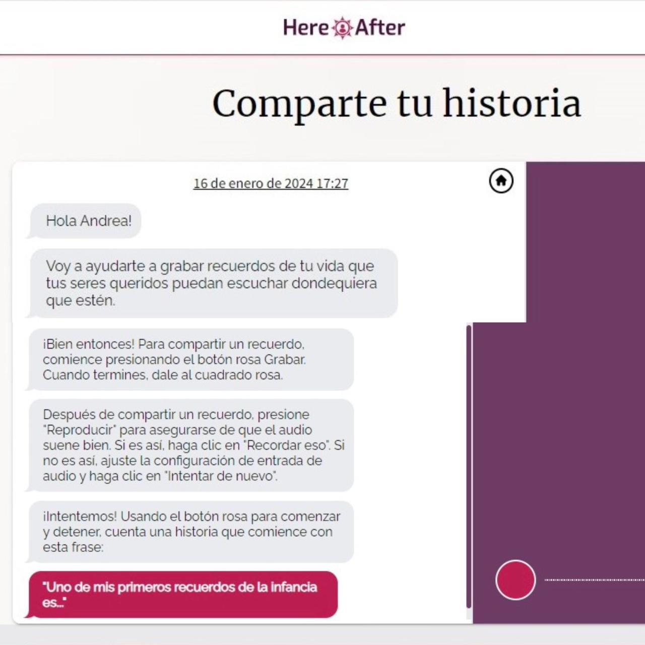 Conversación inicial con el bot de HereAfter.