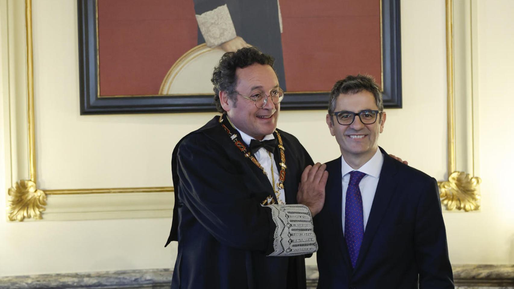 El ministro Bolaños y Álvaro García Ortiz, el pasado 24 de enero en el Tribunal Supremo tras la toma de posesión del segundo como fiscal general./