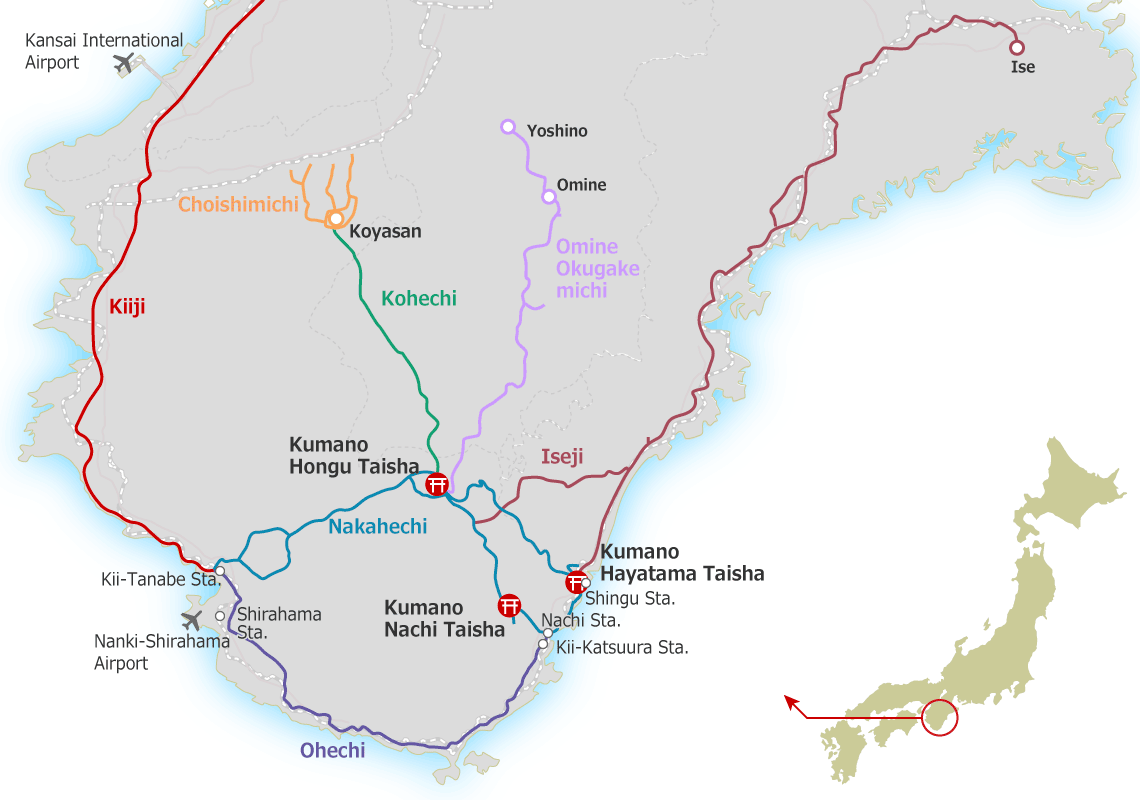 Mapa rutas Kumano Kodo. Fuente: Oficina de Turismo Kumano de la ciudad de Tanabe.