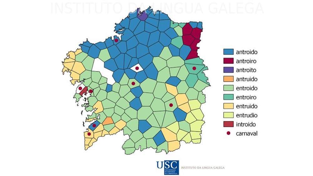 Mpa sobre las variantes de la palabra Carnaval en Galicia. Foto: Instituto da Lingua Galega