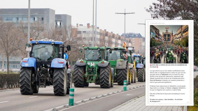 Imagen de una de las tractoradas en Valladolid esta semana y, en el rectángulo, el mensaje que se está difundiendo.