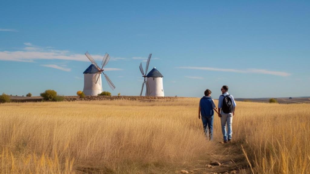 Dos personas paseando por los molinos del Quijote.