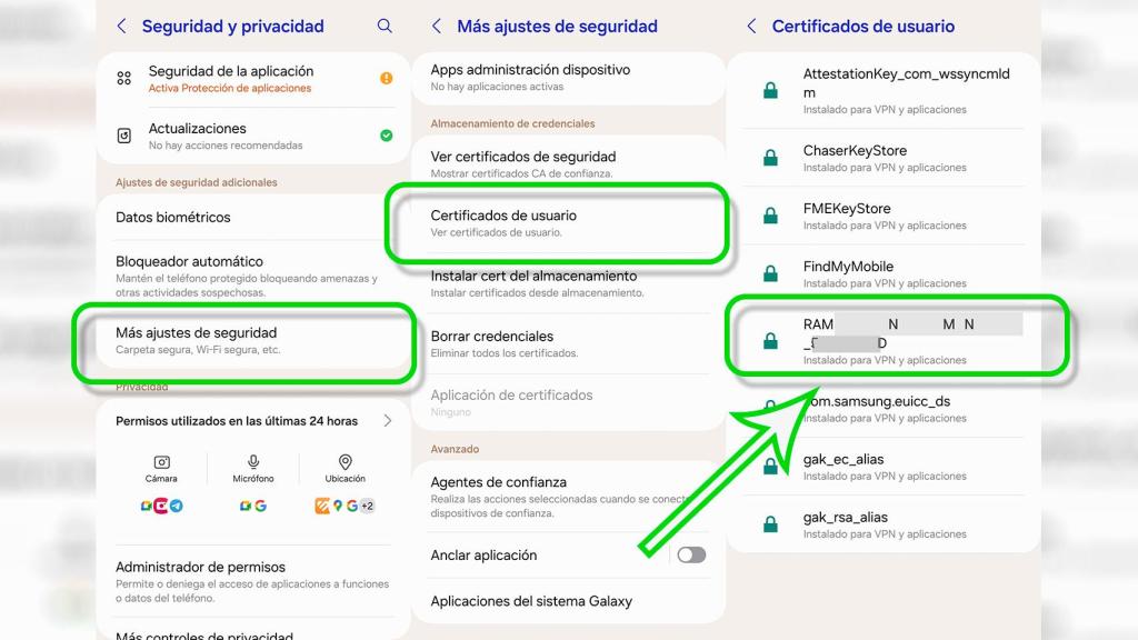 Imagen de la ruta para acceder a los certificados de usuario instalados en el móvil