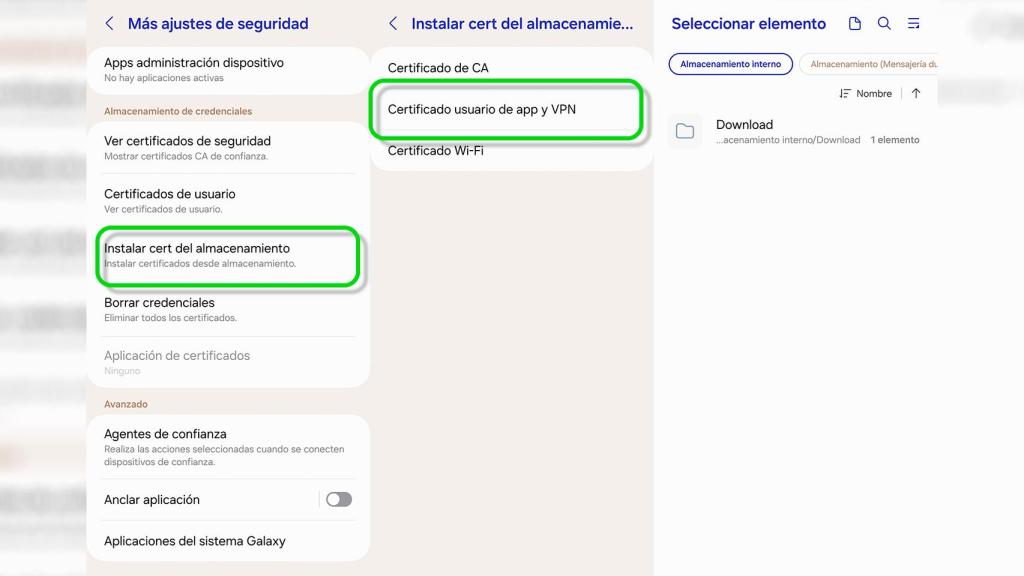 Imagen de la búsqueda e instalación del certificado digital en el móvil Android