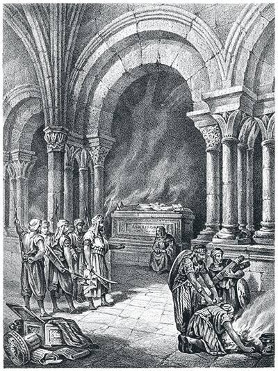 Grabado de 1872 que muestra a Almanzor ante el sepulcro del Apóstol. https://www.muyinteresante.com 