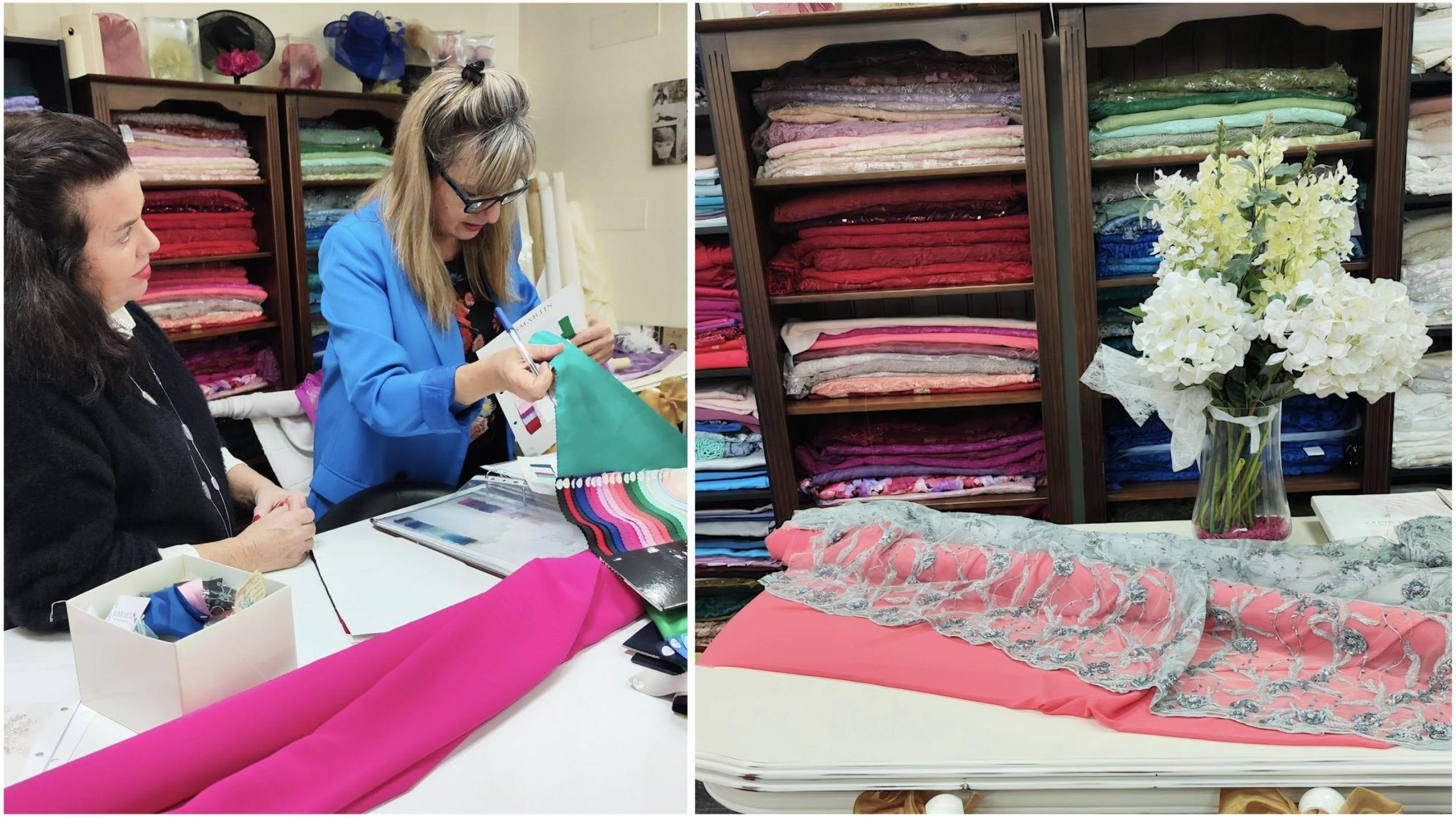 Marián y su compañera Malena en el taller con las telas y materiales.
