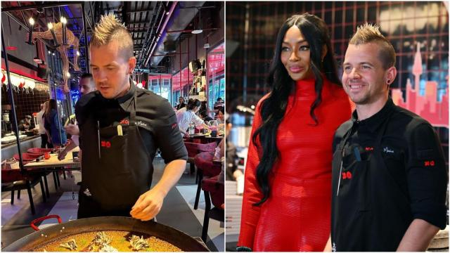 A la izquierda, la paella de Dabiz Muñoz. A la derecha, el chef con Naomi Campbell.