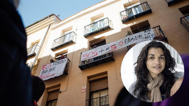 Montaje del edificio de Tribulete 7 y la foto de María José Jiménez Cortiñas, la mediadora en esta Operación Lavapiés.
