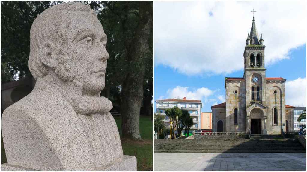Busto del científico José Rodríguez en Bermés y la iglesia de Santa María das Dores de Lalin.