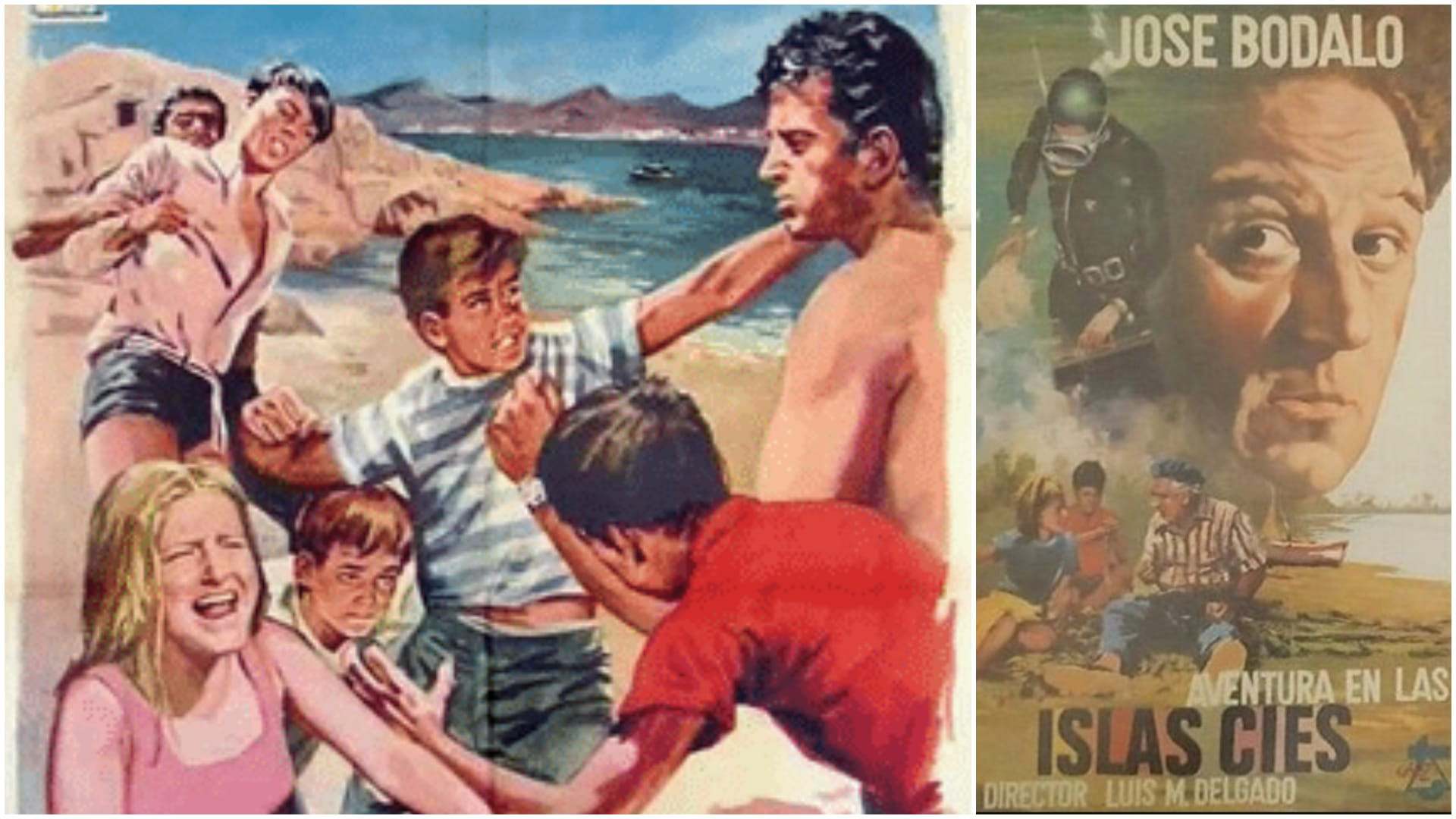 Dos versiones del cartel de la película ‘Aventura en las islas Cíes’.