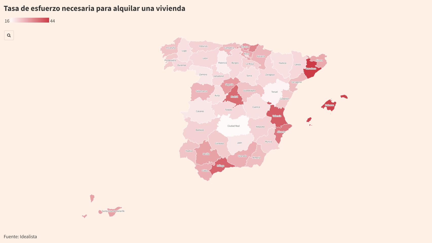 Tasa de esfuerzo necesaria para alquilar una vivienda en España por provincias.