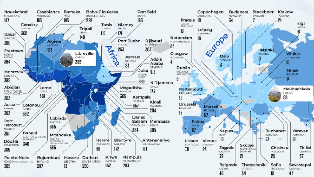 Mapa de las ciudades más húmedas de Europa y África.