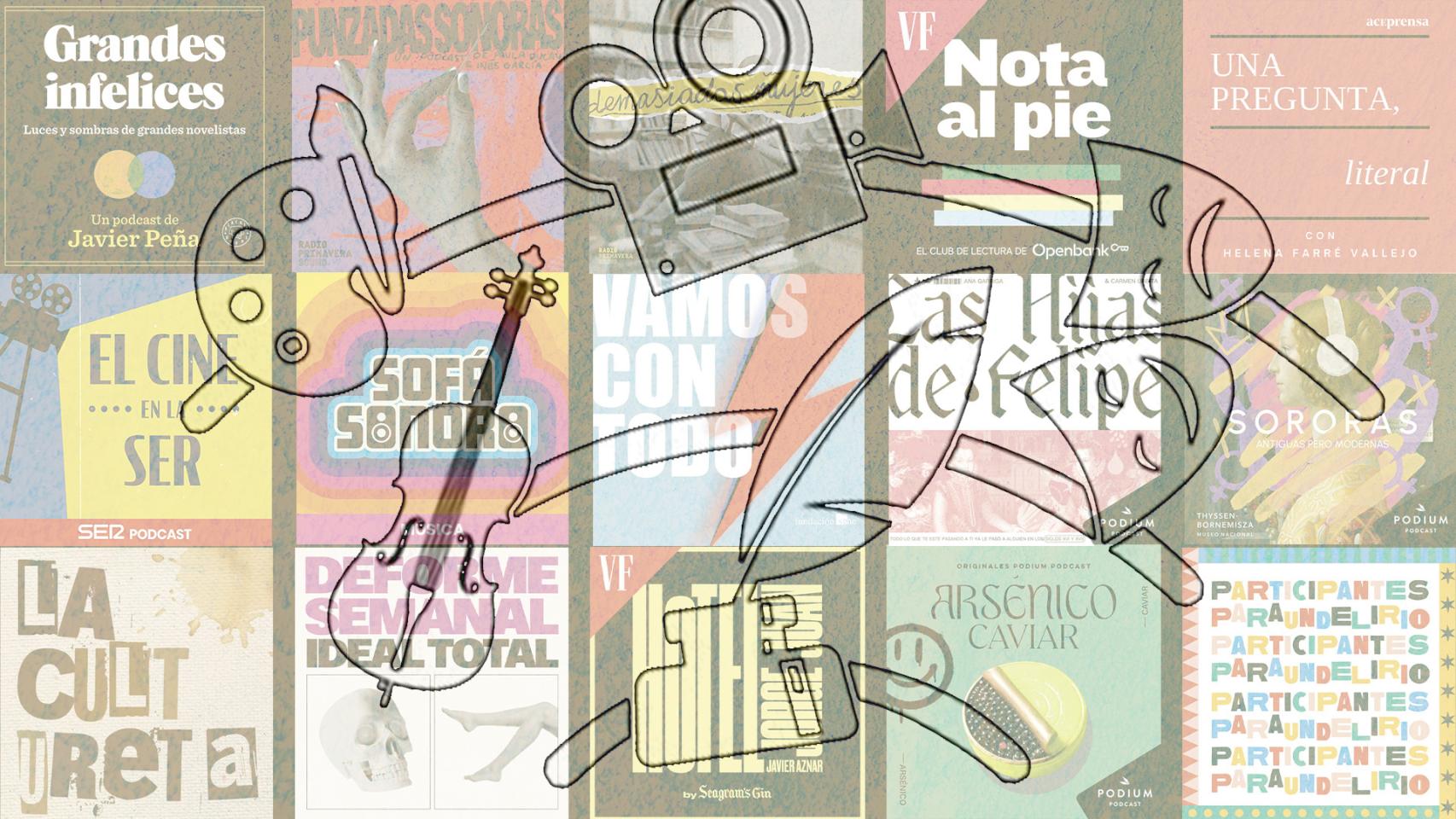 Carátulas de pódcast culturales. Ilustración: Rubén Vique.