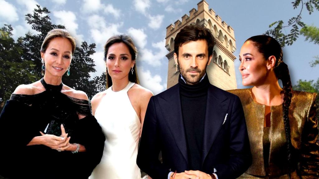 Isabel Preysler, Tamara Falcó, Enrique Solís y Vicky Martín Berrocal con el palacio de la Motilla de fondo en un fotomontaje de El Español.
