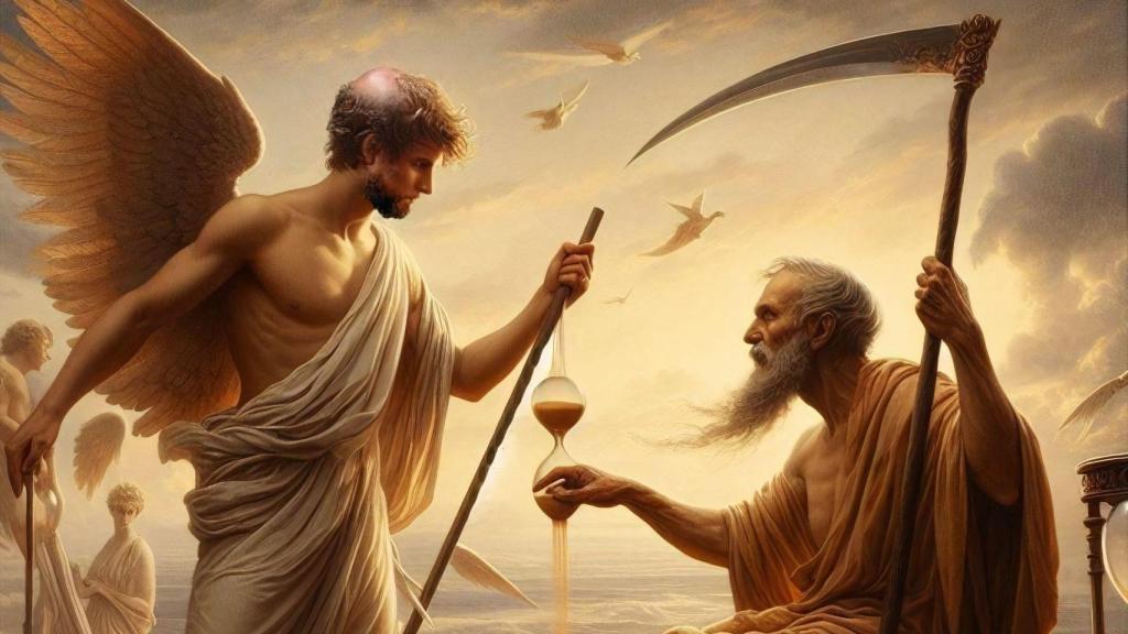 Representación generada por IA de las deidades griegas Kairós y Kronos, personificando el tiempo oportuno y el tiempo destructor, respectivamente.