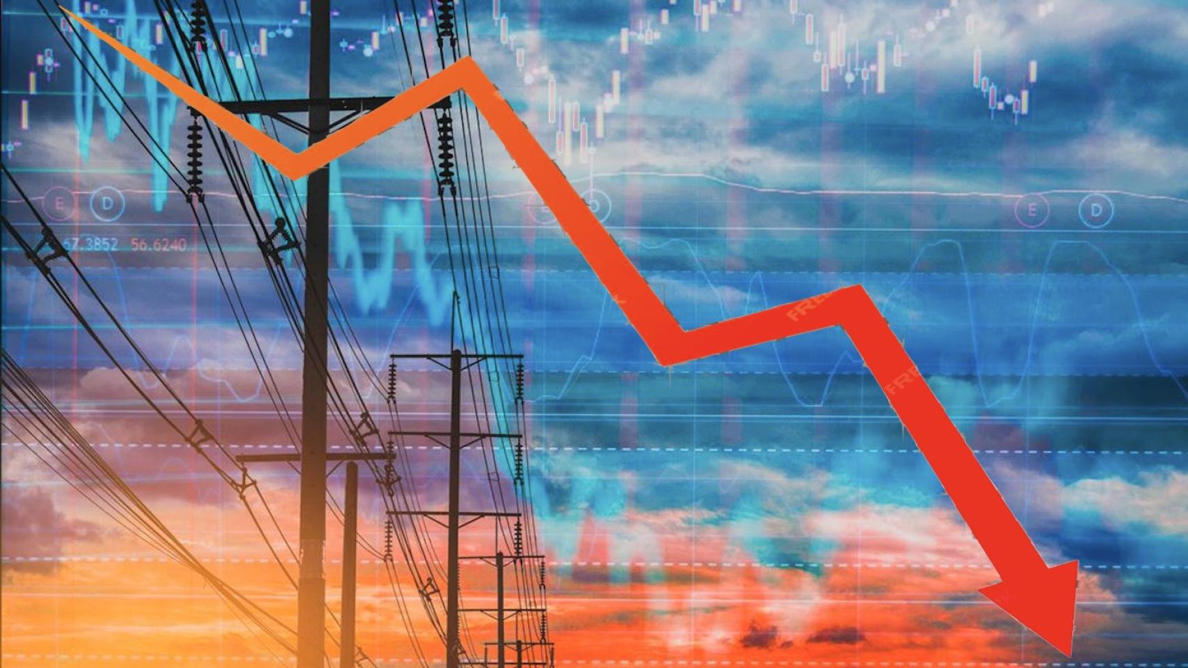 Un gráfico sobre unos postes de la luz expresa la caída del precio de la energía.