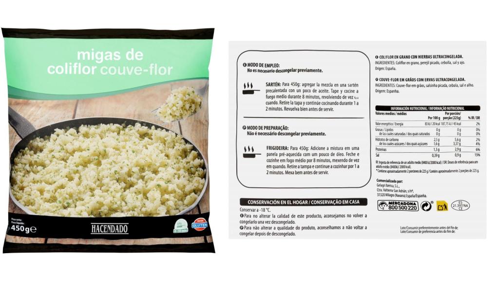 Anverso y reverso de la bolsa de Migas de coliflor