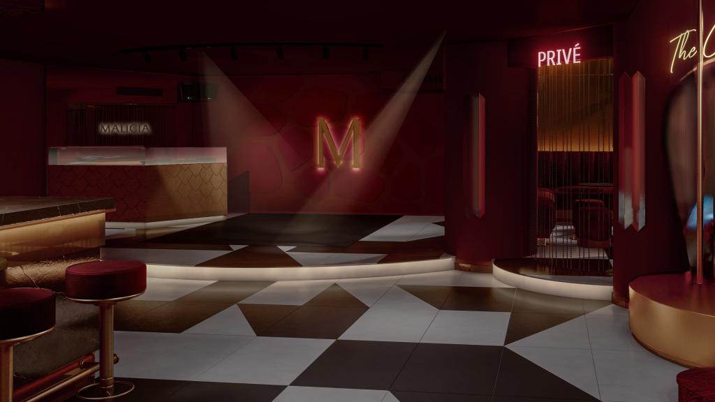 Recreación del escenario, la pista de baile principal y la barra de pole dance, a la derecha.