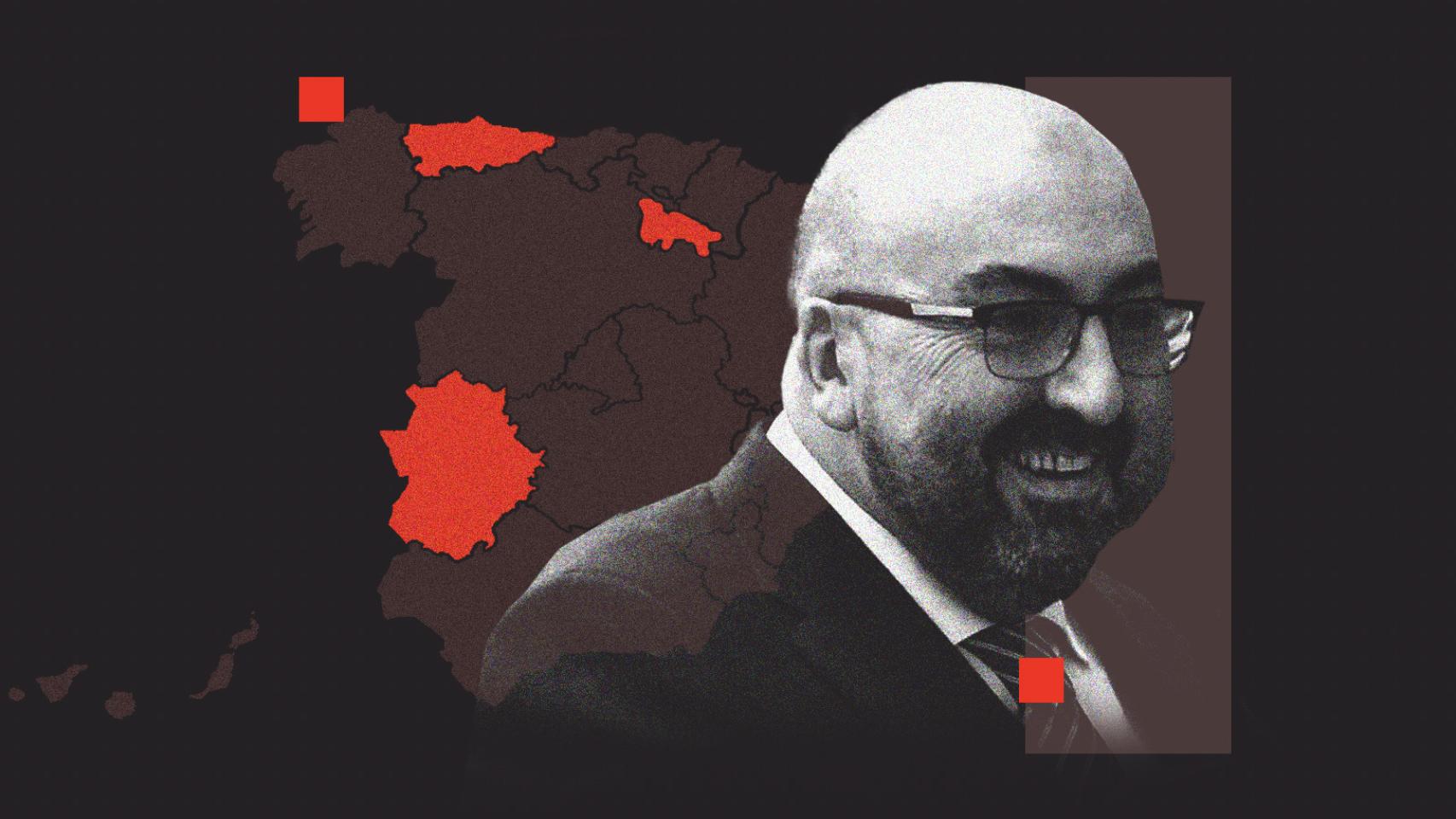 En imagen, en rojo, las autonomías de Extremadura, Asturias y La Rioja. A la derecha, Koldo García.