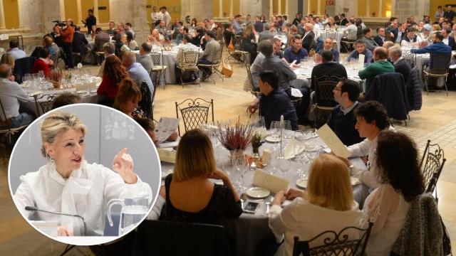 Una cena en un restaurante de Palencia y la vicepresidenta segunda del Gobierno, Yolanda Díaz, en un montaje de EL ESPAÑOL.