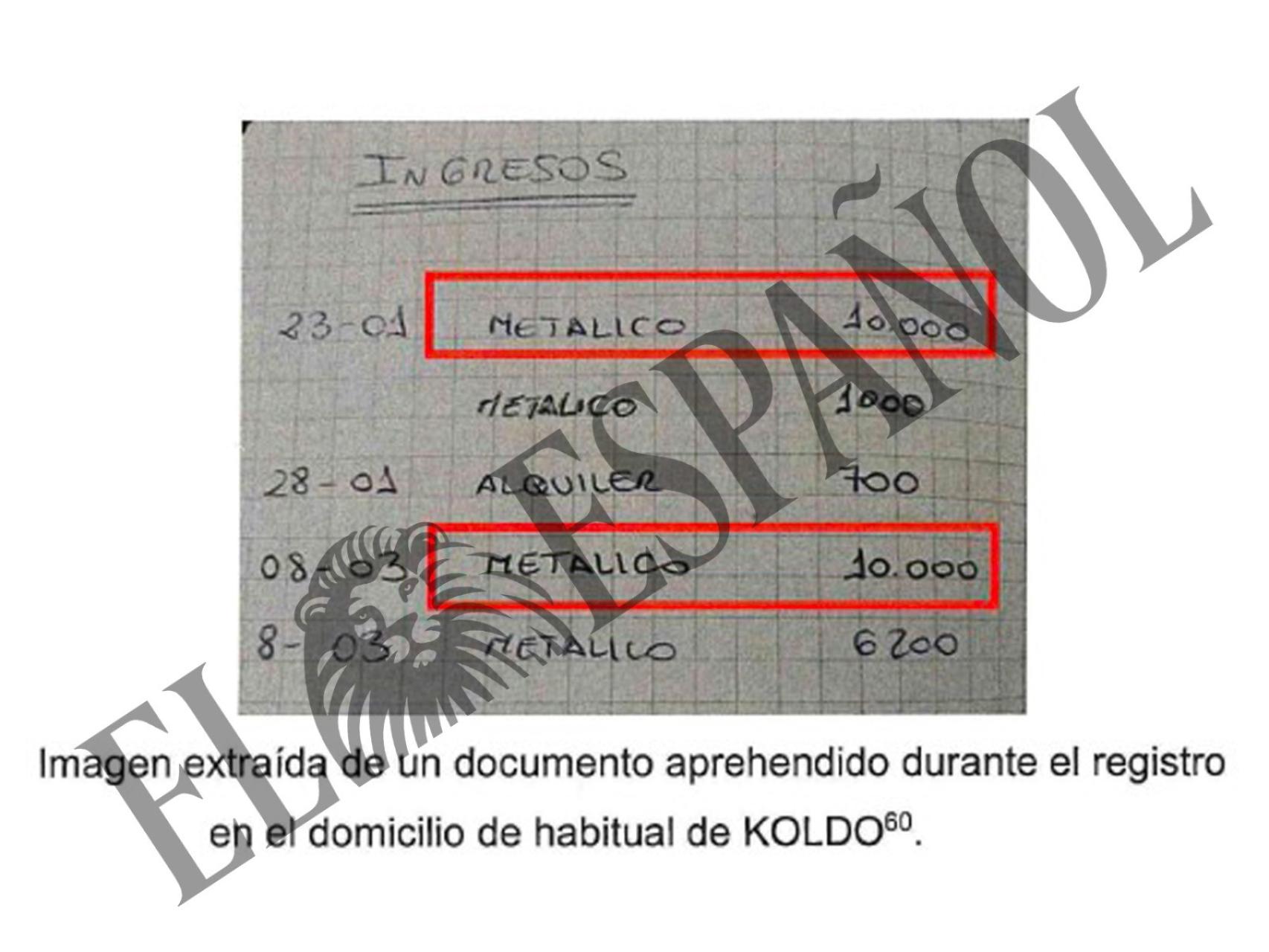 Contabilidad manuscrita hallada en casa de Koldo García.