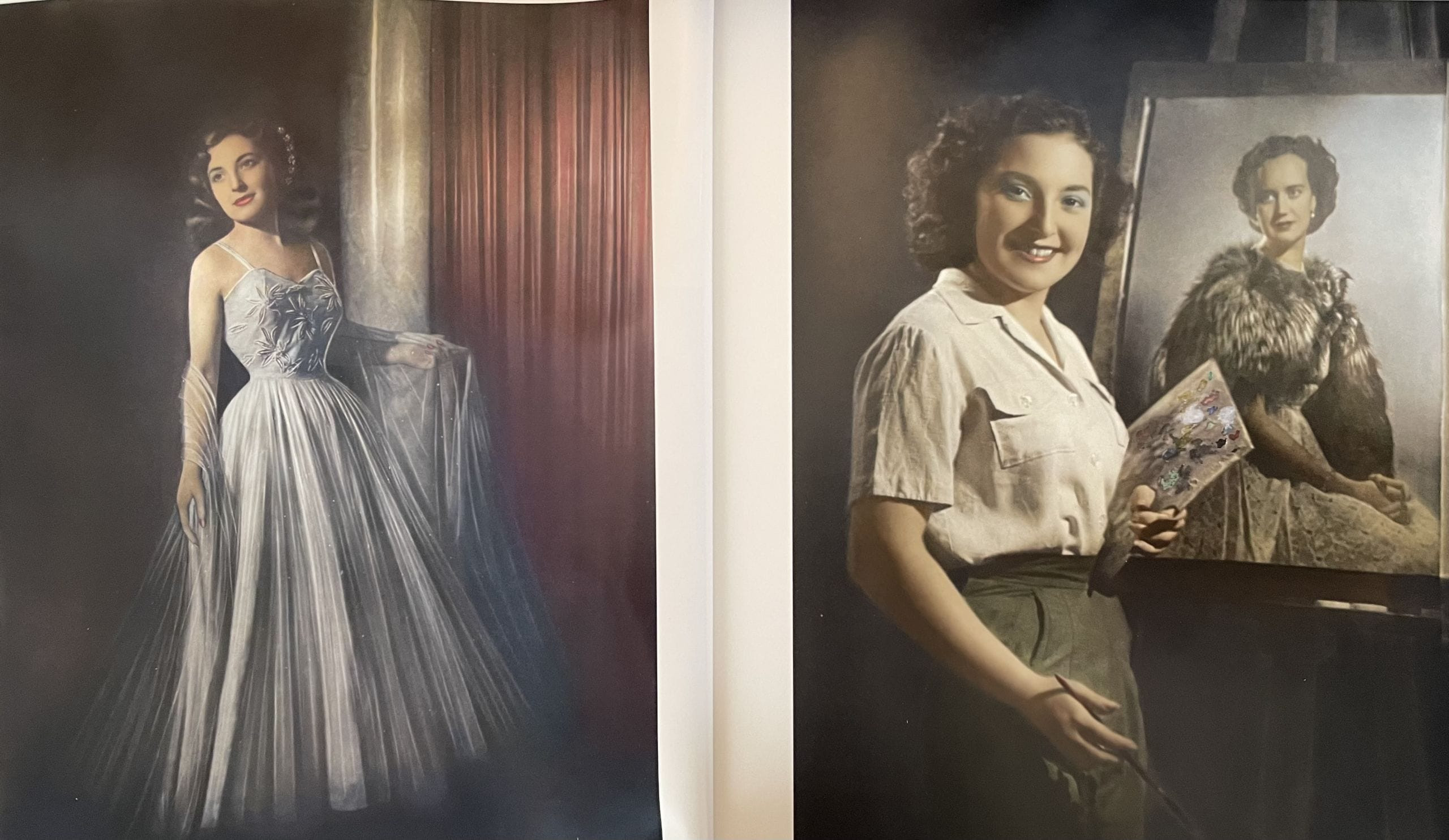 Fotografía de Mary Quintero hecha por su padre y coloreada por ella (izda.) y autorretrato.