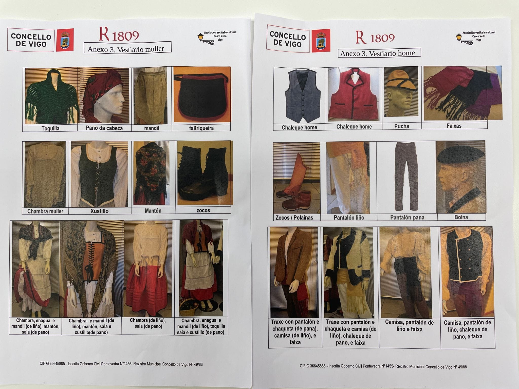 Vestuario masculino y femenino para la Reconquista. Fuente: Asociación Veciñal e Cultural Casco Vello de Vigo