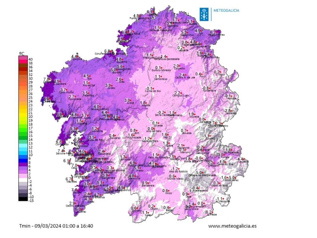 Temperaturas mínimas en el último registro de MeteoGalicia