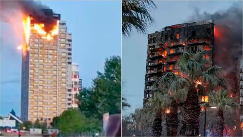El edificio de Madrid incendiado en 2020 y el de Valencia este 2024.