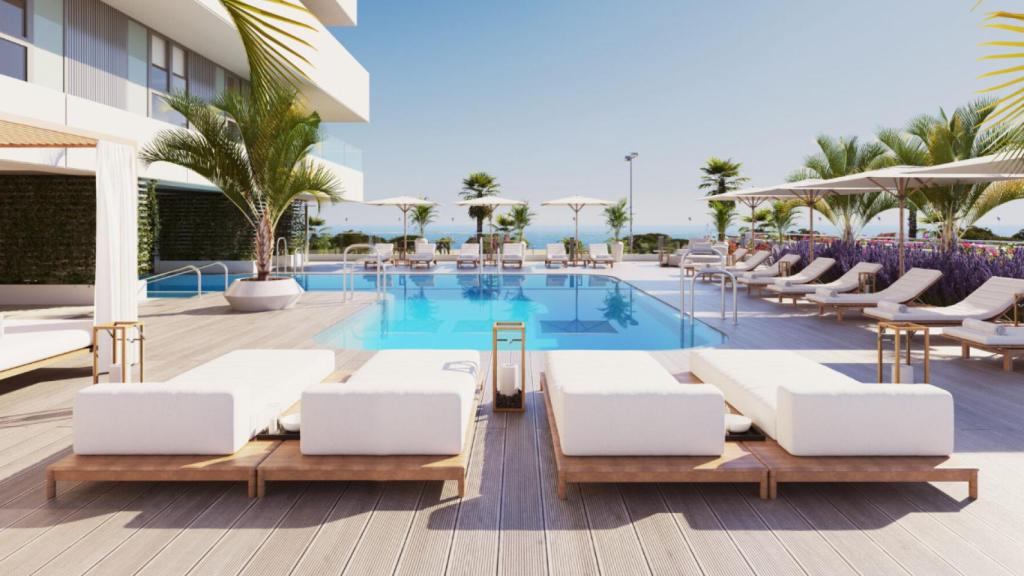 Infografía de la piscina de una de las dos torres de Metrovacesa en el litoral oeste de Málaga.