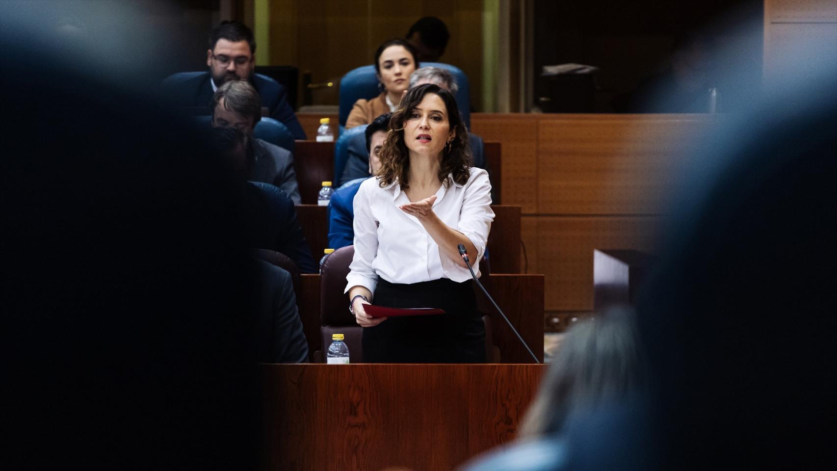 La presidenta de la Comunidad de Madrid, Isabel Díaz Ayuso, este jueves en la Asamblea de Madrid.