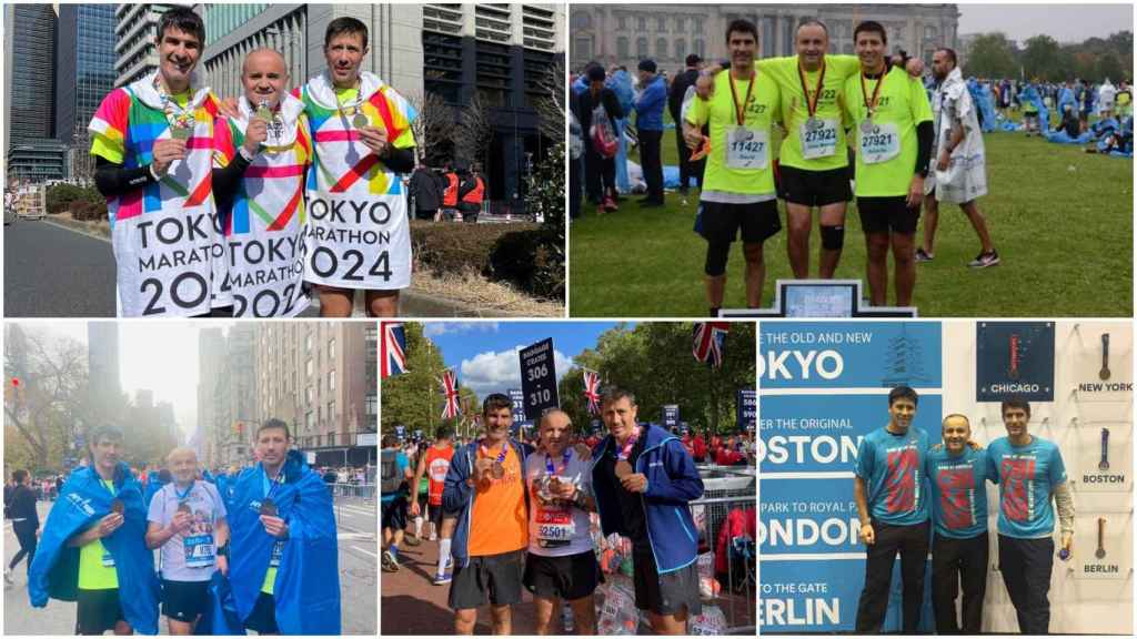 Roberto, David y Jose Manuel celebrando cada una de las cinco maratones ya completadas.