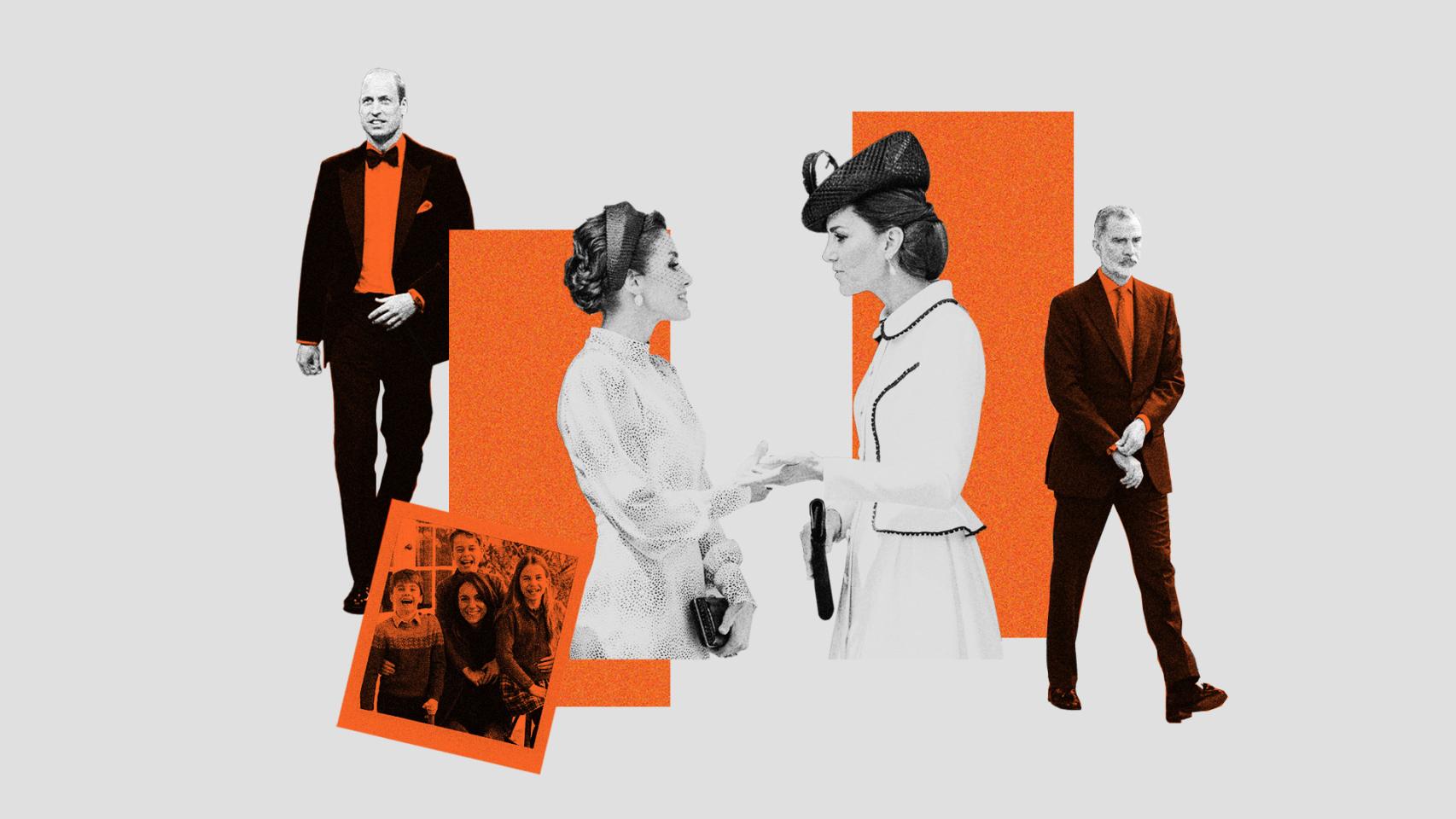 En el centro, la reina Letizia y la princesa Kate Middleton, flanqueados por el príncipe Guillermo (i.) y el rey Felipe VI (d.).