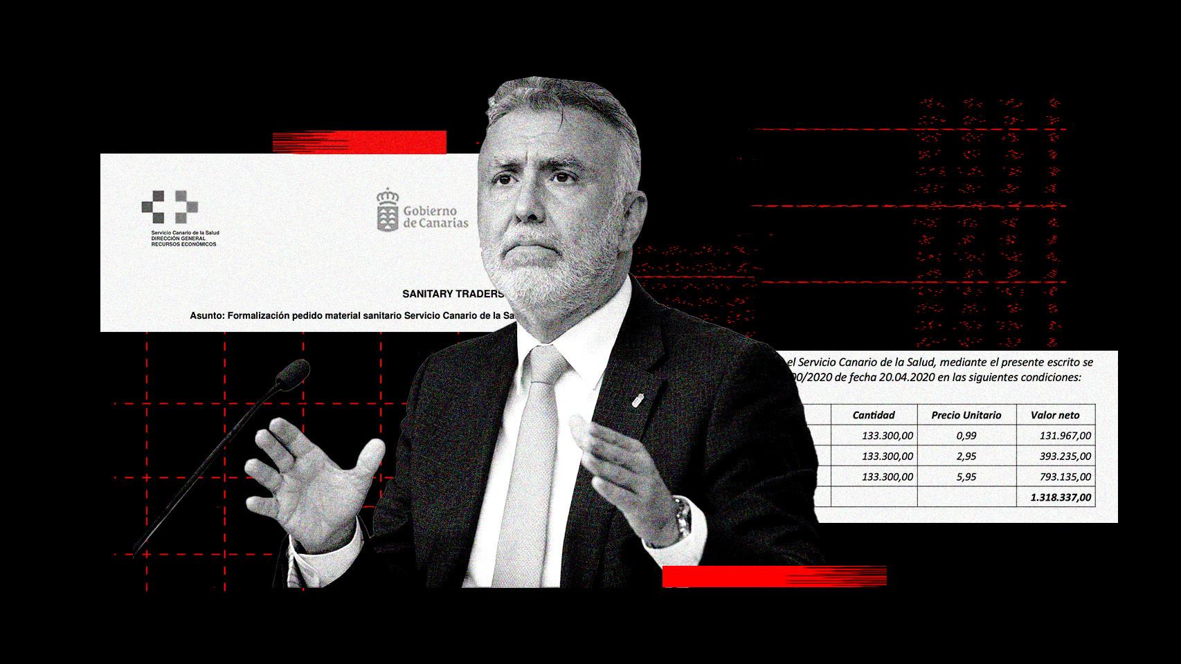 Ángel Víctor Torres y documentos de la adjudicación a Central de Sanitary Traders Spain SL en un fotomontaje.