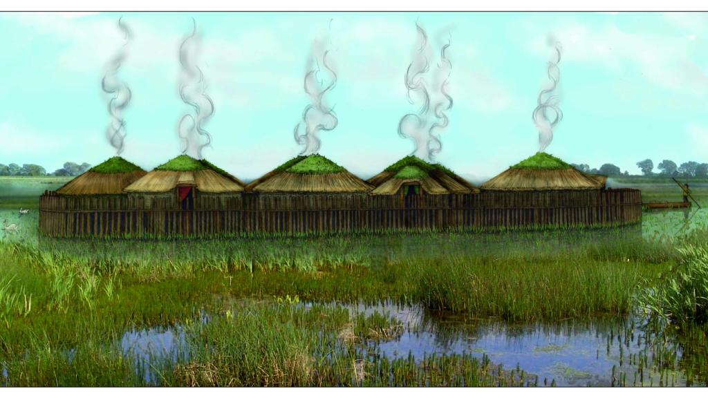 Reconstrucción idealizada del poblado neolítico de Must Farm en Inglaterra.