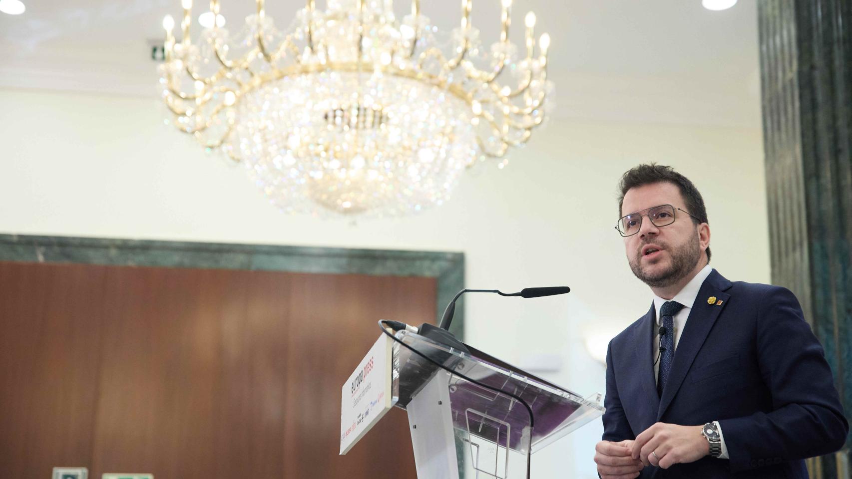 Pere Aragonès, presidente de la Generalitat, durante un desayuno informativo en Madrid, este miércoles.