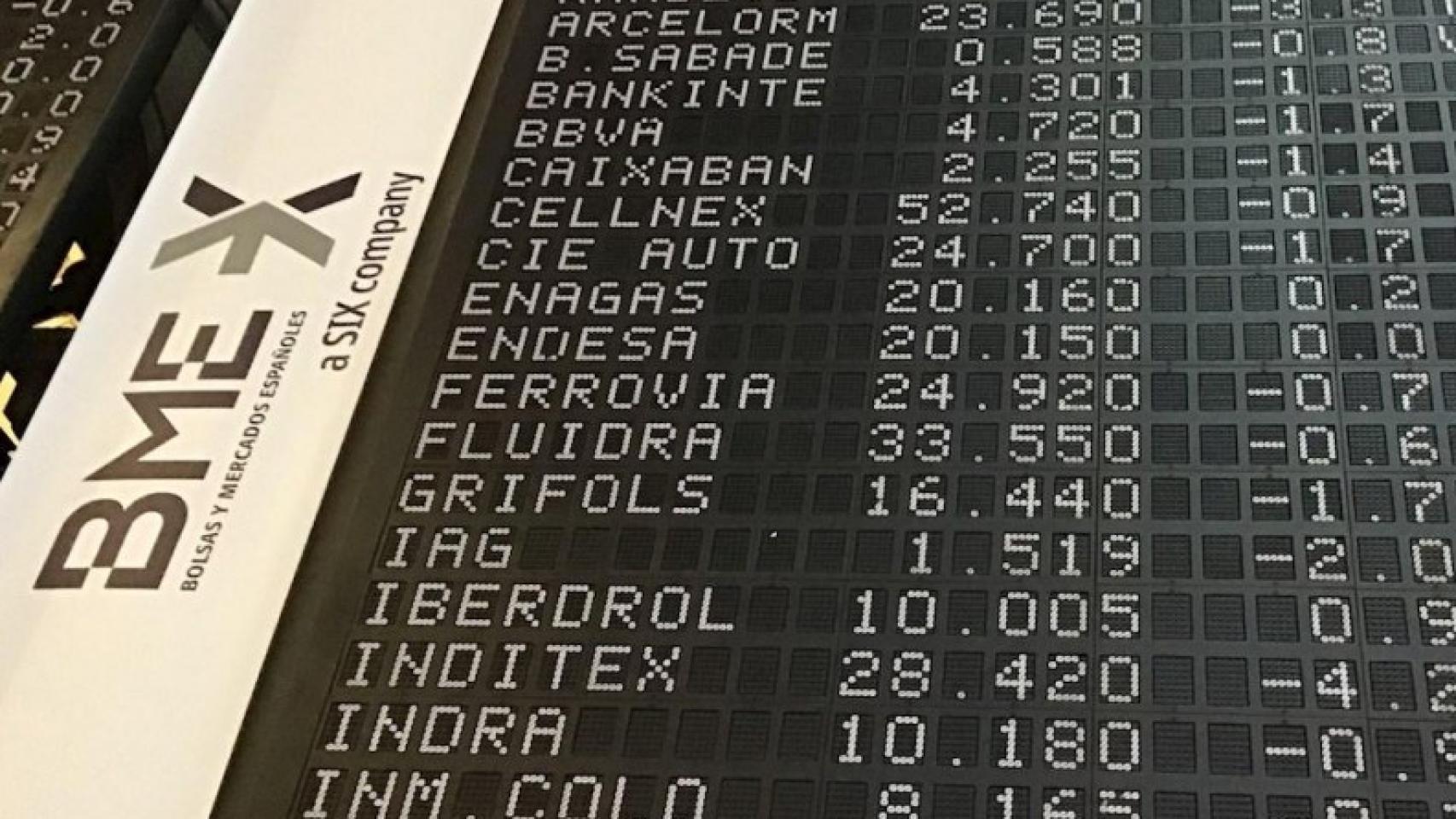 Antiguo panel del Palacio de la Bolsa de Madrid en el que se muestran las cotizaciones de varias compañías.