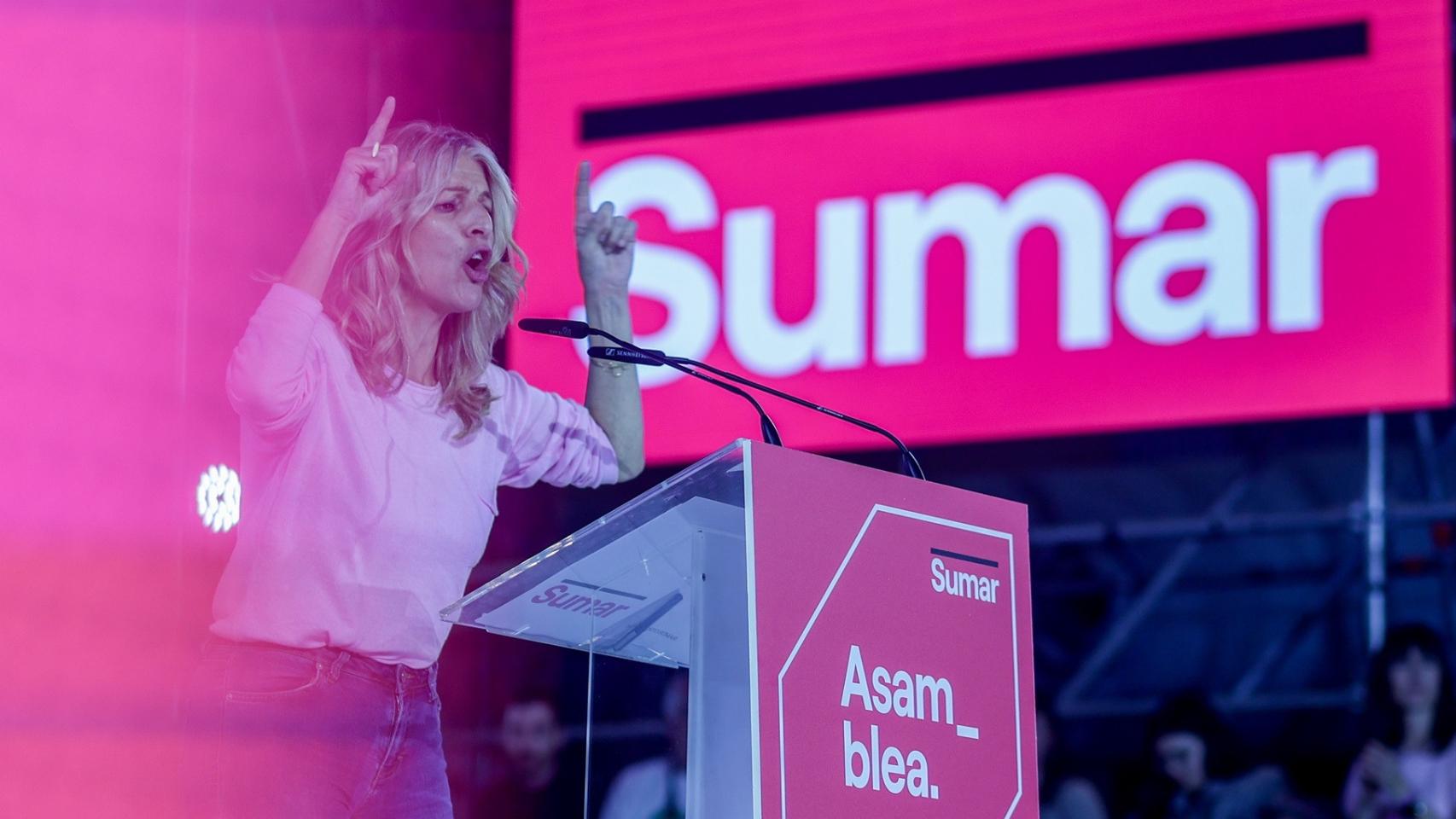 La vicepresidenta segunda, ministra de Trabajo y coordinadora de Sumar, Yolanda Díaz, este sábado durante la asamblea del partido.