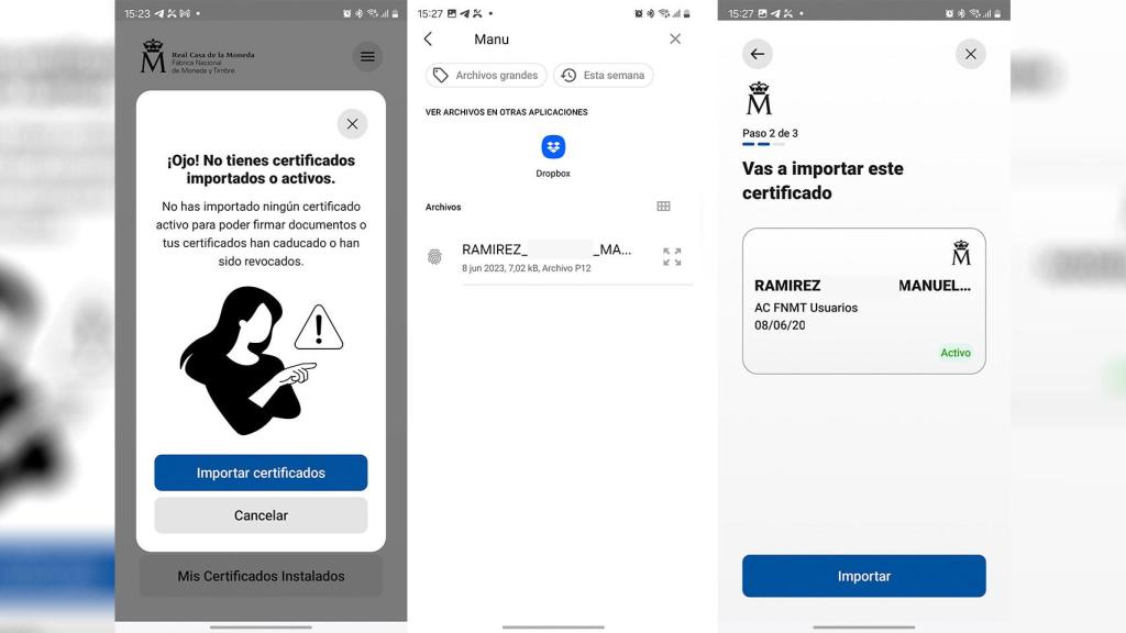 Imagen que muestra cómo importar el certificado digital en la app FNMT