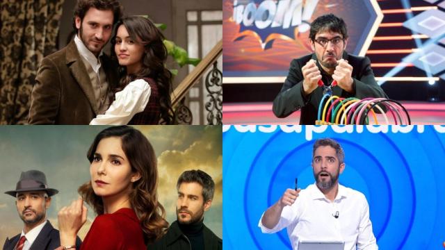 Collage con imágenes de 'El secreto de Puente Viejo', '¡Boom!', 'Sueños de libertad' y 'Pasapalabra'.