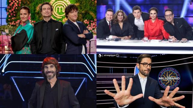Collage con 'MasterChef', 'Tu cara me suena', 'Adivina qué hago' y '¿Quién quiere ser millonario?'