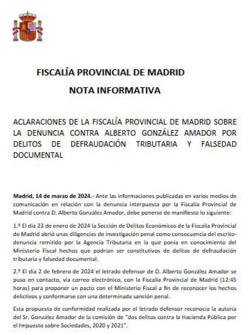 Comienzo de la 'Nota informativa' de la Fiscalía Provincial de Madrid, objeto de la querella de Alberto González Amador./