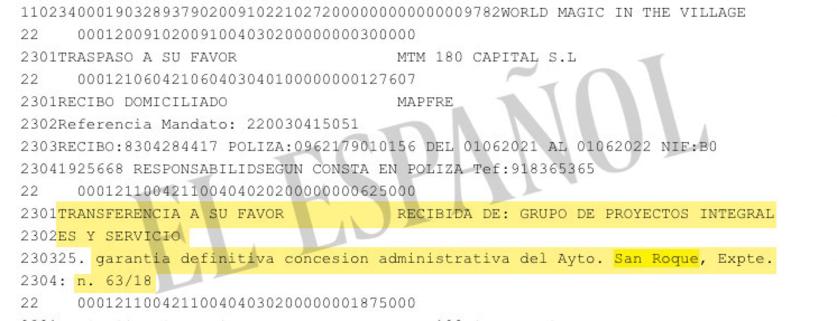 Extracto de la cuenta bancaria de World Magic In The Villages SL, empresa de Aldama, y la transferencia realizada por la sociedad del concejal del PSOE Rubén Jonás Corvillo