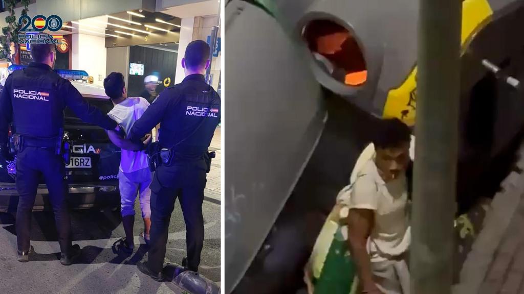 Un montaje del detenido por la quema de contenedores, Juanjo C.C., de 32 años, junto a uno de los recipientes para la recogida de basura que calcinó en Murcia.