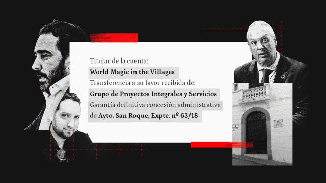 Rubén Corvillo -concejal del PSOE-, Juan Carlos Ruiz Boix -alcalde de San Roque y diputado del PSOE- y Víctor de Aldama -comisionista del caso Koldo- en un fotomontaje con la transferencia del aval.