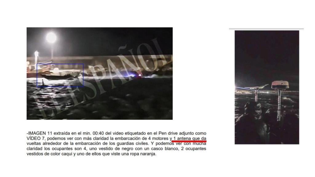 Fragmento del informe pericial aportado al caso de Barbate. A la izquierda, uno de los vídeos analizados de las embestidas de aquella noche, señalando a la narcolancha de una sola antena que supuestamente perpetró los hechos. A la derecha, una grabación desde la narcolancha de El Cabra en la que se aprecia que la embarcación tiene dos antenas.