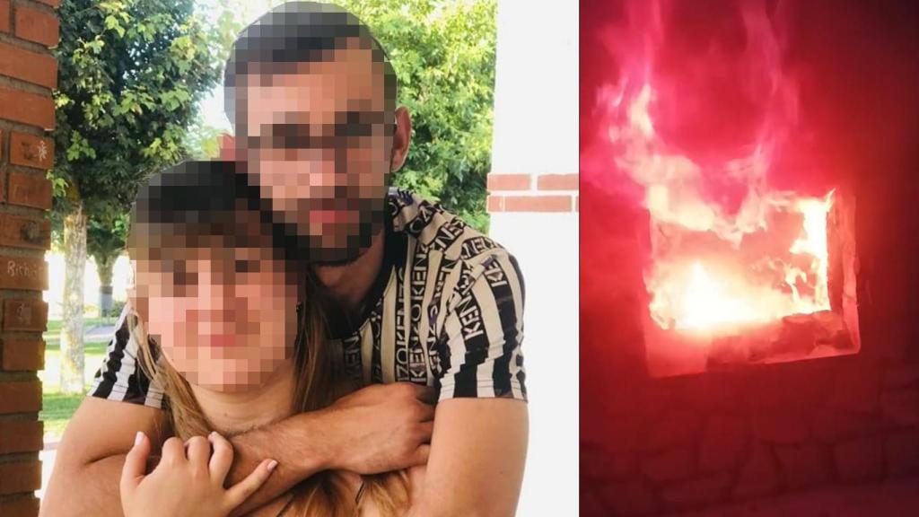 Laura, la chica de 22 años fallecida en la vivienda, junto con su pareja; a la derecha, la casa en llamas